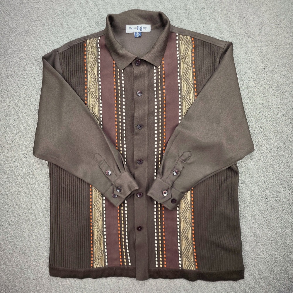 Michael‎ Irvin Knit Button Front Shirt Mens Brown Geometric Retro Mod XL